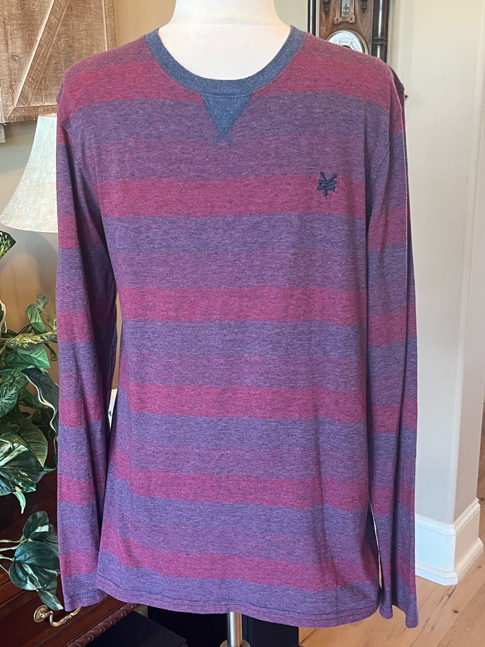 Zoo York Men’s Long Sleeve Striped Crewneck Shirt - Burgundy